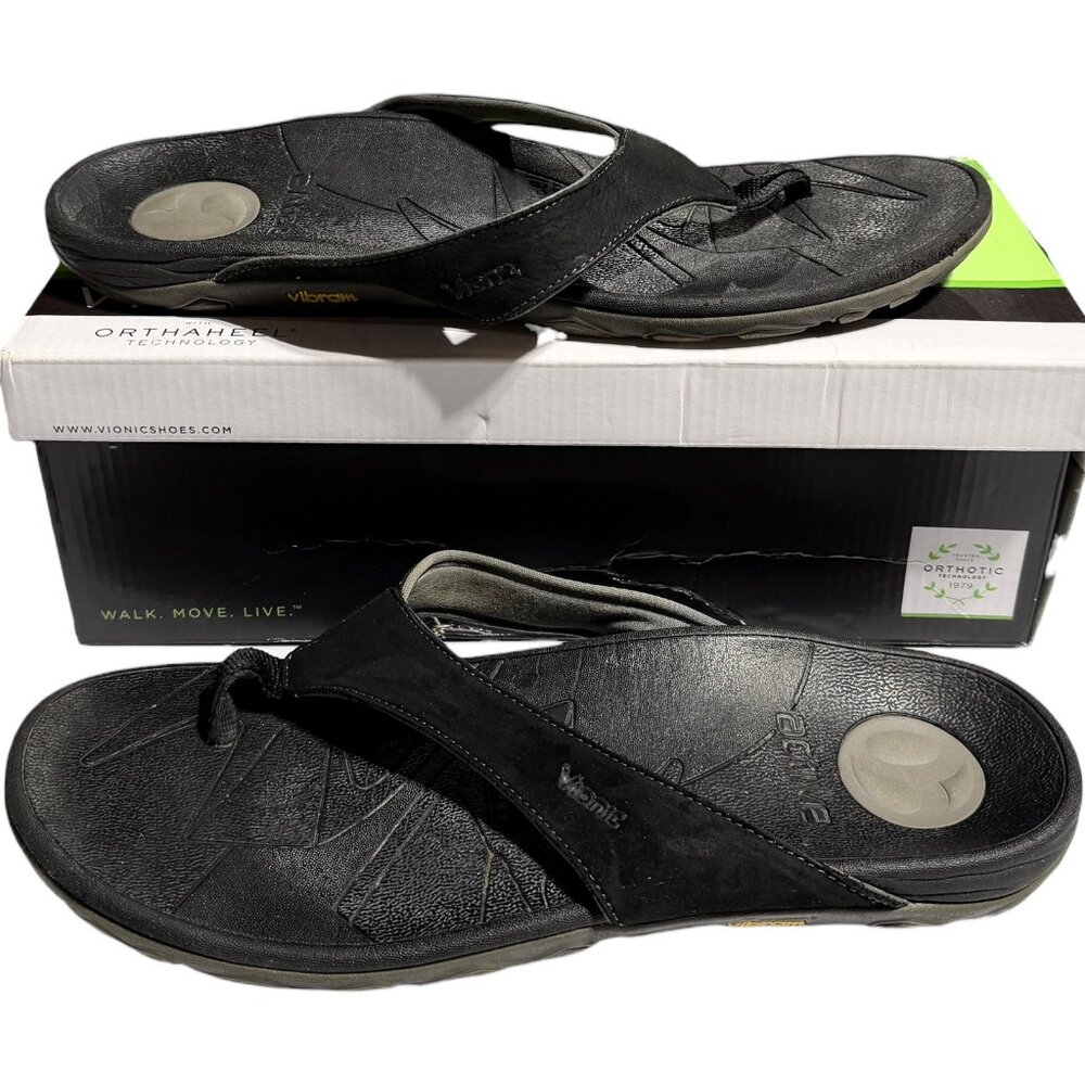 Vionic Bryce Men's Orthotic Flip Flops Black Size 12 Vibram Sole Sandals
